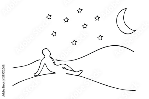 Serene Night Landscape Single Line Art Person Gazing At Stars And Moon On Hills For Dreamy Aesthetic