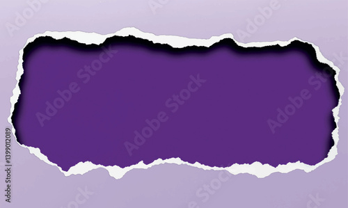 Purple color torn paper. Torn hole paper with stripe of different color and space for text. Ragged hole torn in torn paper on purple background. To write important information. Vector.