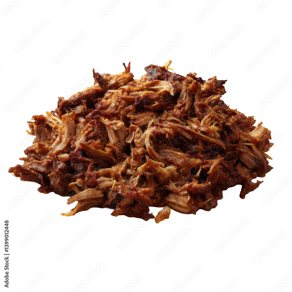 Obraz premium Pile of savory barbecue pulled pork, isolated on a white background, png
