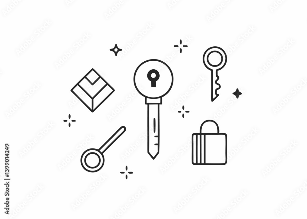 Keys, Lock and Shapes: Illustration of keys and a lock with geometric shapes on a clean, uncluttered background, ideal for conveying security, access, or metaphorical concepts of unlocking potential.