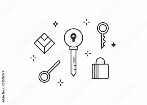 Keys, Lock and Shapes: Illustration of keys and a lock with geometric shapes on a clean, uncluttered background, ideal for conveying security, access, or metaphorical concepts of unlocking potential.