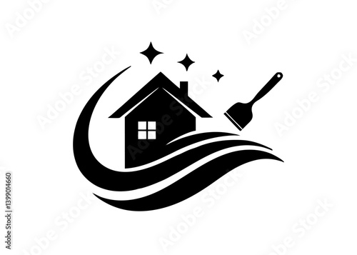 Home cleaning logo: Captivating emblem, featuring a house silhouette, a wave and paint brush symbol, perfect for home cleaning. The design features, stars for freshness and shine.