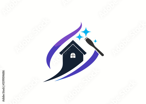 Home Cleaning: A stylized image of a home with a cleaning brush with starbursts, on a backdrop of an abstract design. 