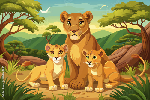 vector of A lioness with her two cubs remains in a natural environment and demonstrates the bond between mother and wildlife.