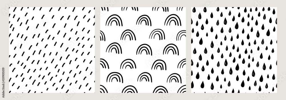 Abstract seamless pattern set. Black and white rain, rainbow, and raindrop doodle designs. Modern minimalist collection for fabric, wallpaper, wrapping paper, kids decor, and creative projects.