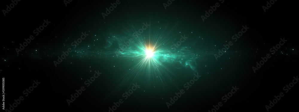 Glowing Green Starburst Light Flare in Dark Space Landscape