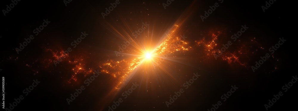 Radiant Starburst Digital Abstract Art Warm Golden Hues Intricate Light Flares Deep Black Background