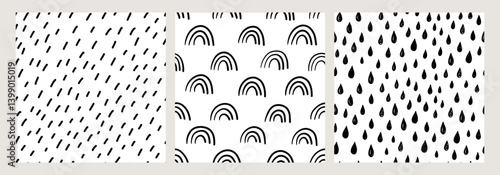 Abstract seamless pattern set. Black and white rain, rainbow, and raindrop doodle designs. Modern minimalist collection for fabric, wallpaper, wrapping paper, kids decor, and creative projects.