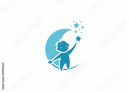 Reaching for Dreams: A cute baby reaching for a star on a crescent moon, perfect for representing dreams, imagination, and wonder.