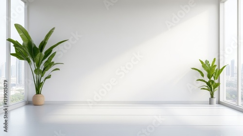 A minimalist modern office interior with large windows, two potted plants on either side of a bright white wall, and clean and spacious design.