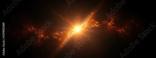 Radiant Starburst Digital Abstract Art Warm Golden Hues Intricate Light Flares Deep Black Background