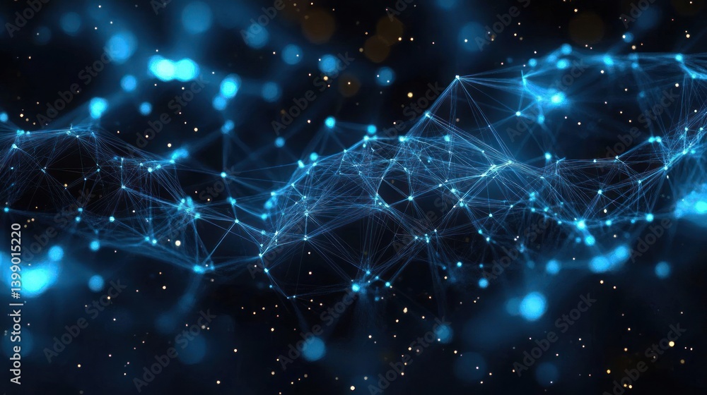 Abstract Blue Digital Network Geometrical Background with Lines and Dots in Low Poly Art Style