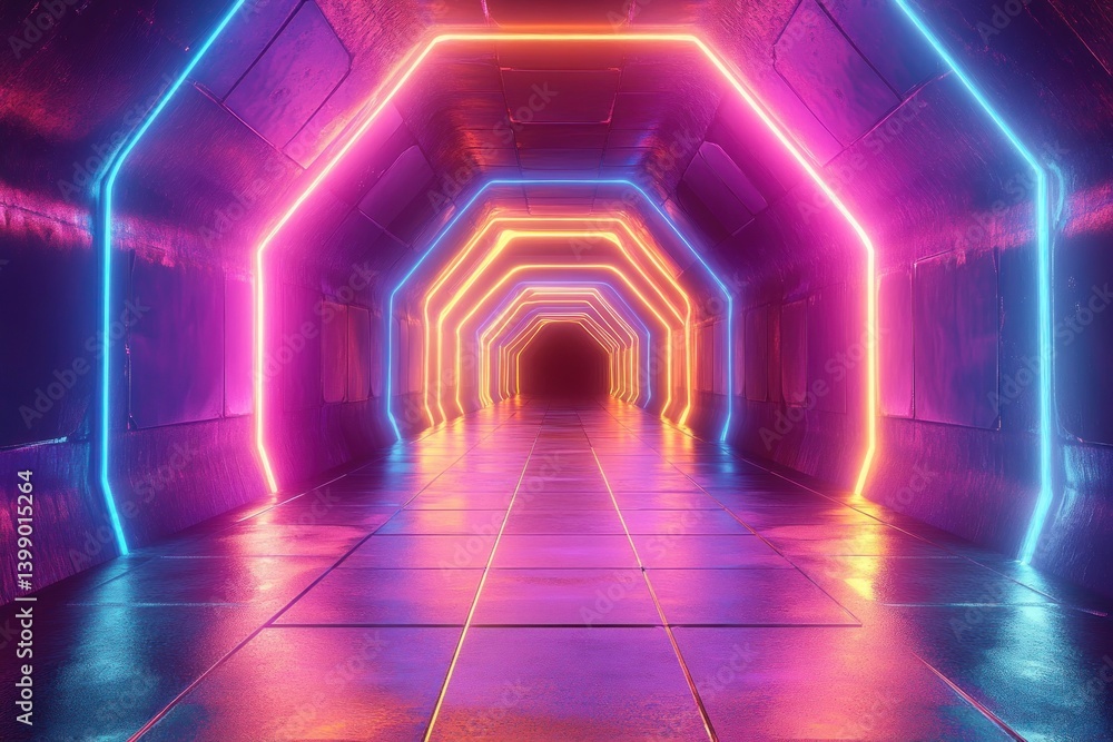 Abstract Neon Tunnel Cyberpunk Environment with Glowing Hexagonal Shapes and Dynamic Lighting