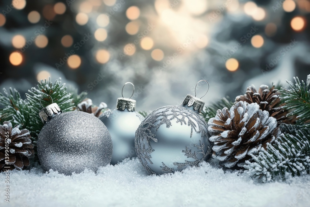 Shimmering Christmas Wonders with Silver Ornaments and Pine Cones