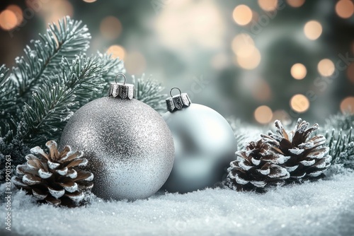 Sparkling Christmas Winter Wonderland with Silver Ornaments and Pine Cones