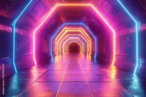 Obraz na płótnie Abstract Neon Tunnel Cyberpunk Environment with Glowing Hexagonal Shapes and Dynamic Lighting w salonie