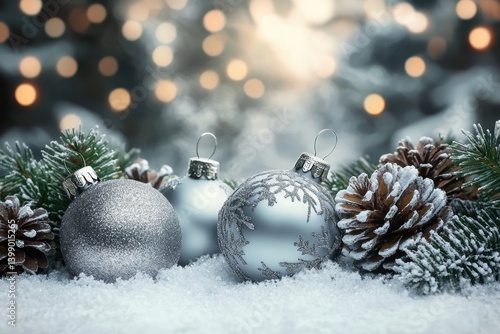 Obraz na płótnie Shimmering Christmas Wonders with Silver Ornaments and Pine Cones w salonie
