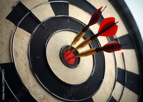 Obraz na płótnie Three Darts Hitting the Bullseye in a Photorealistic Depiction w salonie