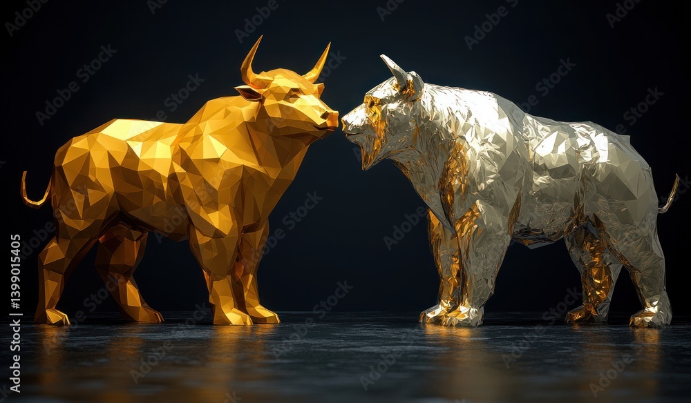 Gold Bull and Bear Polygon Sculpture on Black Background