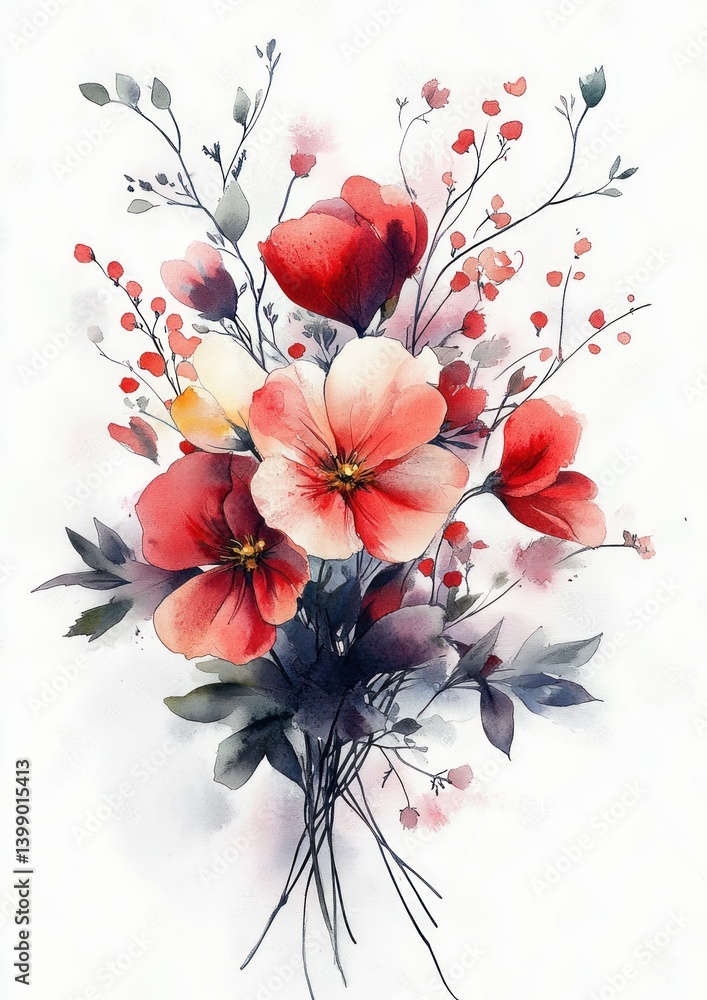 Watercolor Floral Bouquet with Pastels and Reds Elegant Arrangement for Greeting Card or Wedding Decor