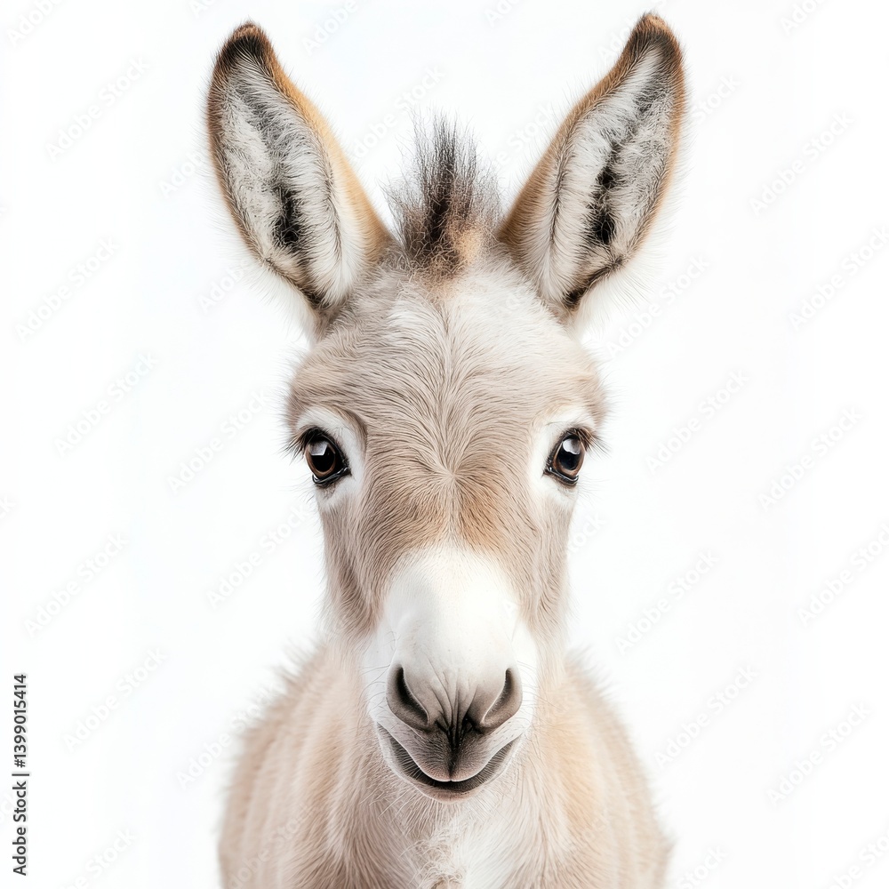 Adorable close-up portrait of a light brown baby donkey with large ears and a white face, against a bright white backdrop. Adorable close-up portrait of a light brown baby donkey with large ears and a white face, against a bright white backdrop.
