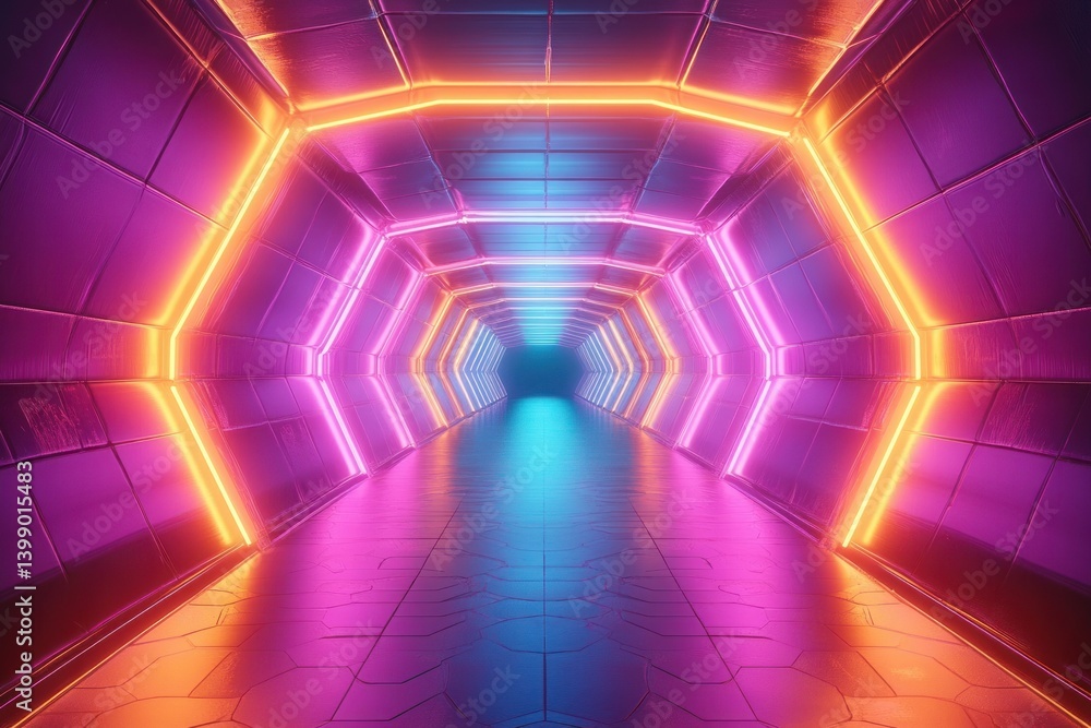 Futuristic Neon Tunnel Cyberpunk Abstract Background Hexagonal Portal Virtual Reality Environment Glowing Light