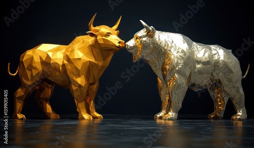 Obraz na płótnie Gold Bull and Bear Polygon Sculpture on Black Background w salonie