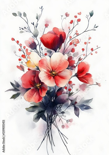 Obraz na płótnie Watercolor Floral Bouquet with Pastels and Reds Elegant Arrangement for Greeting Card or Wedding Decor w salonie