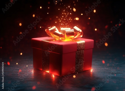 Obraz na płótnie Glowing Red Gift Box with Light Surprise w salonie