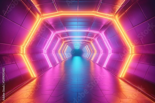 Obraz na płótnie Futuristic Neon Tunnel Cyberpunk Abstract Background Hexagonal Portal Virtual Reality Environment Glowing Light w salonie