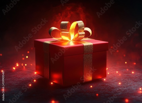 Obraz na płótnie Glowing Red Gift Box with Light Emitting Surprise w salonie