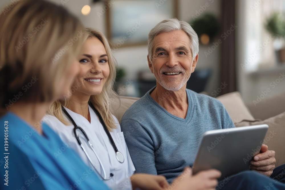Elderly Couple Consulting Nurse for Health Check-up and Support