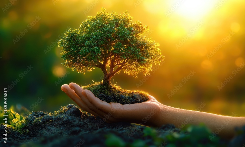 Earth Day Celebration with Hands of Nature Holding Growing Tree Seedlings in a Surreal Green Landscape