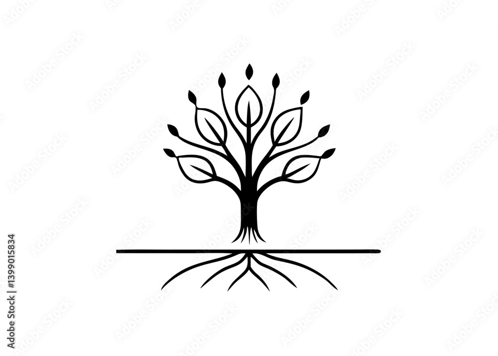 Fototapeta premium Rooted Icon: A minimalist icon features a detailed silhouette of a stylized tree, showcasing its branches, leaves, and roots, all meticulously crafted.