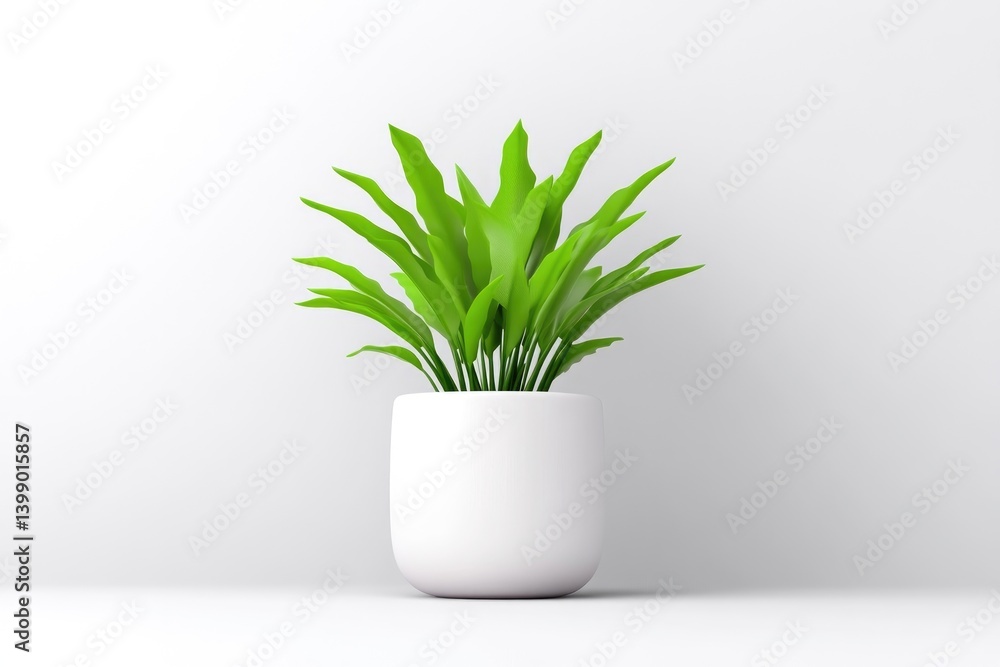 Minimalist potted plant, bright green leaves, white pot