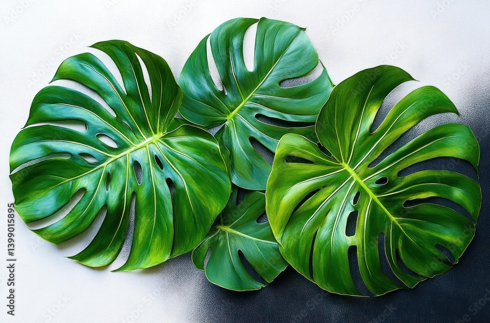 Monstera Leaves Tropical Isolated on White Background Photorealistic Botanical Illustration