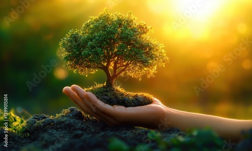 Obraz na płótnie Earth Day Celebration with Hands of Nature Holding Growing Tree Seedlings in a Surreal Green Landscape w salonie