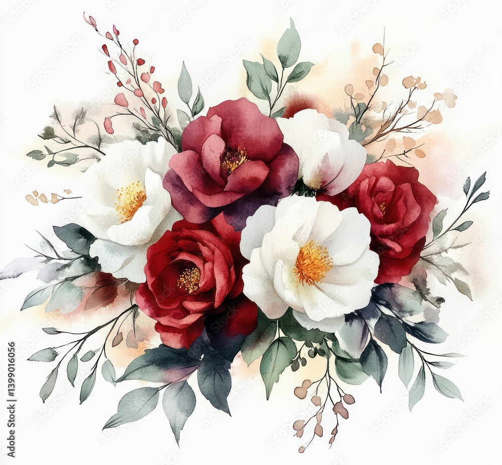 Watercolor Flower Bouquet with Red Roses and White Peonies for Wedding and Greeting Card