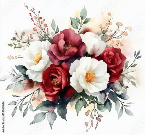 Obraz na płótnie Watercolor Flower Bouquet with Red Roses and White Peonies for Wedding and Greeting Card w salonie