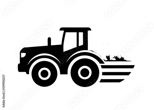 Tractor in the Field: A black silhouette of a robust tractor stands ready in the field. It's a symbol of the agriculture and farming.