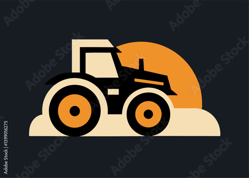 Agricultural Machinery at Dawn: A striking illustration of a tractor silhouetted against a rising sun, depicting the industry and labor, creating a sense of work at dawn.