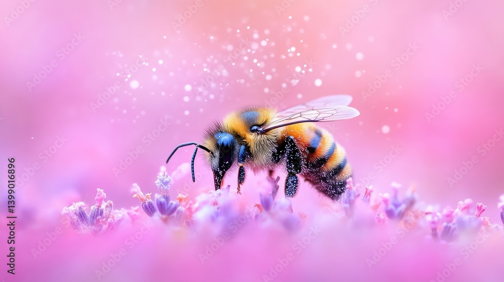 Honeybee on a flower in a soft, dreamy, pink environment
