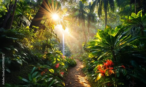 Serene Jungle Pathway with Sunlight Filtering Through Lush Foliage
