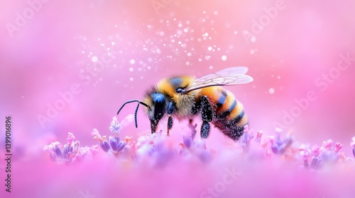 Obraz na płótnie Honeybee on a flower in a soft, dreamy, pink environment w salonie