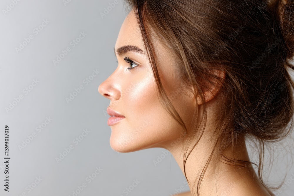 A side profile of a young woman showcasing her radiant, healthy skin in gentle lighting. Perfect for campaigns focused on beauty, skincare, and wellness. This high-resolution image is ideal for promo