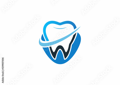 Dental Care Emblem: A clean and stylized representation of a tooth, adorned with a sweeping blue curve, symbolizes the essence of dental health. Perfect for dental practices.