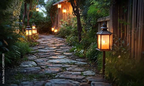 Serene garden pathway illuminated by lanterns, surrounded by greenery