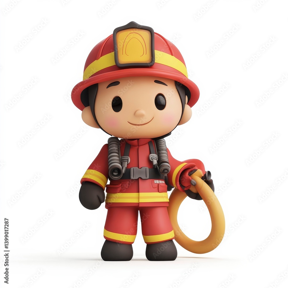 Adorable animated firefighter figure in red uniform with helmet and hose, standing on a white background, ready for action. Adorable animated firefighter figure in red uniform with helmet and hose, standing on a white background, ready for action.