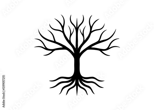 Symbol of Life: A striking, minimalist illustration of a strong tree. Roots delve deep, while branches reach skyward, it embody the natural essence of life, growth, and enduring resilience.
