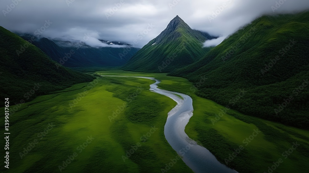Serene valley, winding river, dramatic mountains, lush green landscape. Misty peaks and valleys